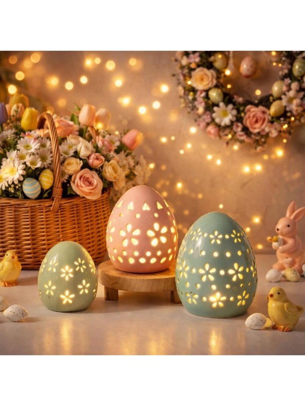 3 Pcs Lighted Ceramic Easter Eggs - Rustic Farmhouse Tabletop Decor, No